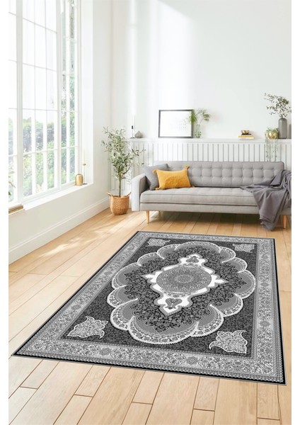 Dijital Kaymaz Yıkanabilir Çerçeveli Göbekli Klasik Desen Salon Halısı, Klasik-02-Antrasit, indirimleri