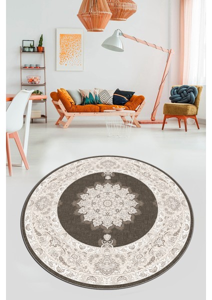 Baskılı Kaymaz Yıkanabilir Göbekli Klasik Desen Yuvarlak Mutfak Salon Halısı, Y-Klasik-03-Kahve, fırsatları