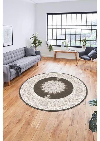 Baskılı Kaymaz Yıkanabilir Göbekli Klasik Desen Yuvarlak Mutfak Salon Halısı, Y-Klasik-03-Kahve, indirimleri