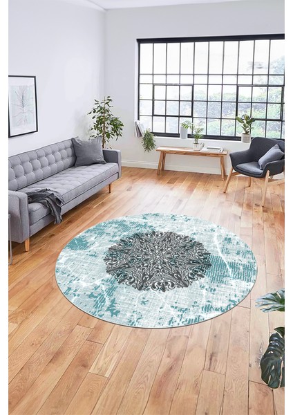 Şık Tasarım Klasik Dijital Kaymaz Taban Yıkanabilir Yuvarlak Salon Halısı, Y-Klasik-19-Mavi,