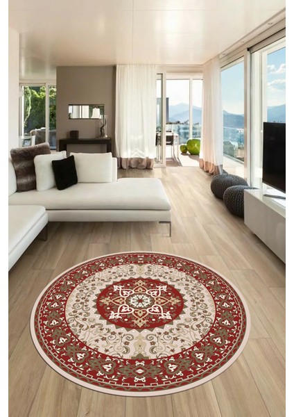 Renkli Klasik Motifli Dijital Kaymaz Yıkanabilir Yuvarlak Mutfak Salon Halısı, Y-Klasik-27-Bordo, fırsatları