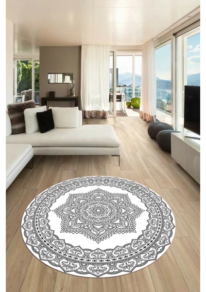 Şık Göbekli Klasik Motif Dijital Kaymaz Yıkanabilir Yuvarlak Mutfak Salon Halısı, Y-Klasik-30-Beyaz, modelleri