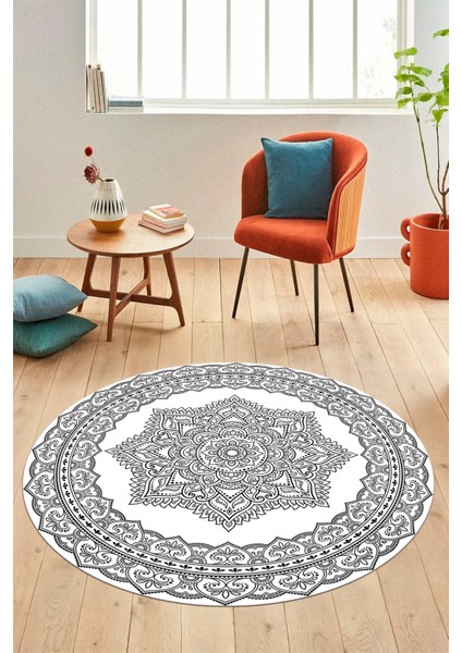 Şık Göbekli Klasik Motif Dijital Kaymaz Yıkanabilir Yuvarlak Mutfak Salon Halısı, Y-Klasik-30-Beyaz, fırsatları