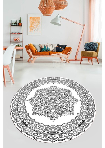 Şık Göbekli Klasik Motif Dijital Kaymaz Yıkanabilir Yuvarlak Mutfak Salon Halısı, Y-Klasik-30-Beyaz, indirimleri