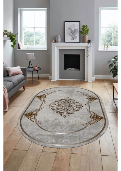 Baskılı Kaymaz Yıkanabilir Çerçeveli Klasik Yolluk Oval Mutfak Salon Halısı, O-Klasik-05-Kahve, fiyatları