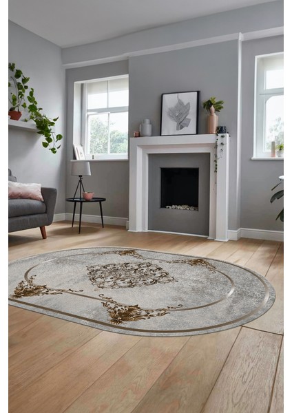 Baskılı Kaymaz Yıkanabilir Çerçeveli Klasik Yolluk Oval Mutfak Salon Halısı, O-Klasik-05-Kahve, modelleri