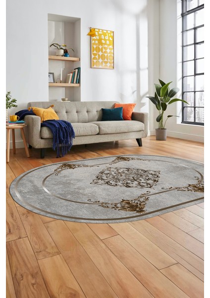 Baskılı Kaymaz Yıkanabilir Çerçeveli Klasik Yolluk Oval Mutfak Salon Halısı, O-Klasik-05-Kahve, indirimleri