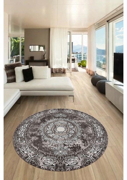 Göbekli Klasik Desen Dijital Kaymaz Yıkanabilir Yuvarlak Mutfak Salon Halısı, Y-Klasik-25-Vizon,