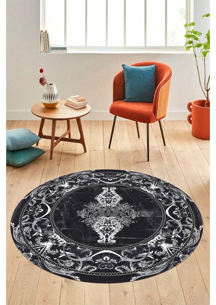 Göbekli Klasik Motifli Dijital Kaymaz Yıkanabilir Yuvarlak Mutfak Salon Halısı, Y-Klasik-28-Antrast, indirimleri