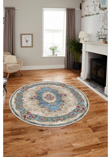 Çiçekli Klasik Motifli Dijital Kaymaz Yıkanabilir Yuvarlak Mutfak Salon Halısı, Y-Klasik-29-Mavi, fiyatları