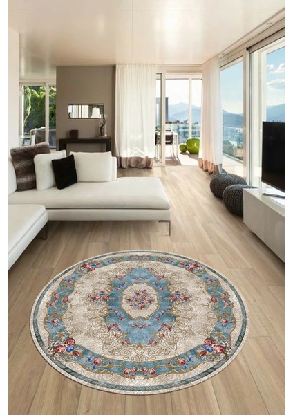 Çiçekli Klasik Motifli Dijital Kaymaz Yıkanabilir Yuvarlak Mutfak Salon Halısı, Y-Klasik-29-Mavi, modelleri