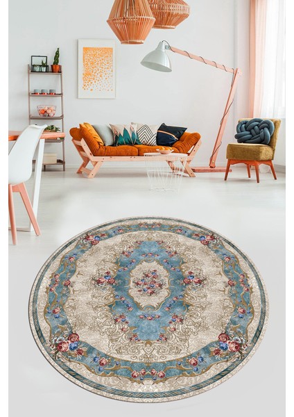 Çiçekli Klasik Motifli Dijital Kaymaz Yıkanabilir Yuvarlak Mutfak Salon Halısı, Y-Klasik-29-Mavi, indirimleri