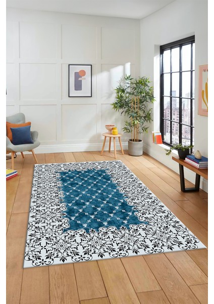 Dijital Kaymaz Yıkanabilir Klasik Desen Yolluk Mutfak Salon Halısı, Klasik-04-Mavi,