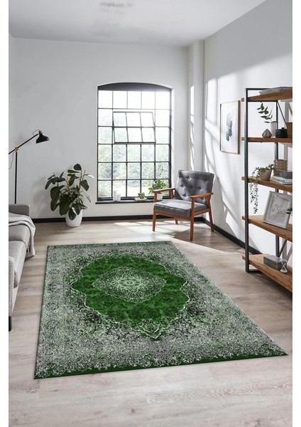 Dijital Kaymaz Yıkanabilir Göbekli Klasik Desen Yolluk Salon Halısı, Klasik-07-Yeşil,