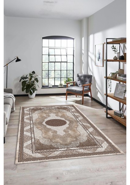 Göbekli Klasik Desenli Dijital Kaymaz Yıkanabilir Yolluk Mutfak Salon Halısı, Klasik-24-Kahve,