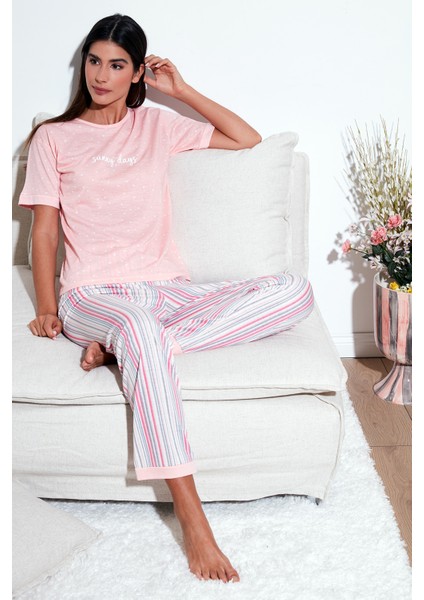 Regular Fit Bisiklet Yaka Kısa Kollu Pijama Takımı Bayan Pijama Takımı 65790130