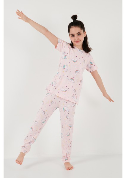 % 100 Pamuk Bisiklet Yaka Kısa Kollu Pijama Takımı Kız Çocuk Pijama Takımı 6651002