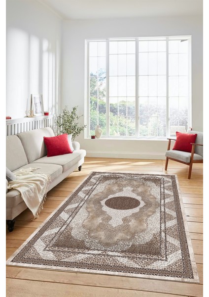 Göbekli Klasik Desenli Dijital Kaymaz Yıkanabilir Yolluk Mutfak Salon Halısı, Klasik-24-Kahve, indirimleri