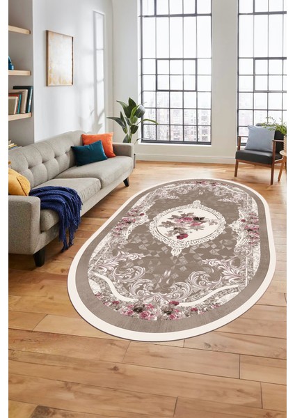 Çiçekli Klasik Dijital Kaymaz Taban Yıkanabilir Oval Yolluk Salon Halısı, O-Klasik-16-Kahve, fiyatları
