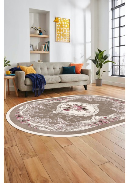 Çiçekli Klasik Dijital Kaymaz Taban Yıkanabilir Oval Yolluk Salon Halısı, O-Klasik-16-Kahve, modelleri