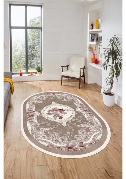Çiçekli Klasik Dijital Kaymaz Taban Yıkanabilir Oval Yolluk Salon Halısı, O-Klasik-16-Kahve, fırsatları