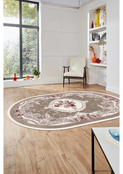 Çiçekli Klasik Dijital Kaymaz Taban Yıkanabilir Oval Yolluk Salon Halısı, O-Klasik-16-Kahve, indirimleri