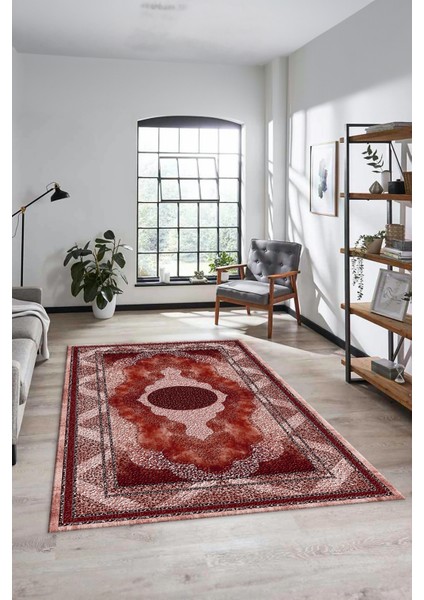 Göbekli Klasik Desenli Dijital Kaymaz Yıkanabilir Yolluk Mutfak Salon Halısı, Klasik-24-Bordo,