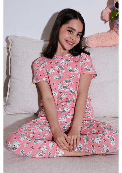 % 100 Pamuk Bisiklet Yaka Kısa Kollu Pijama Takımı Kız Çocuk Pijama Takımı 6651004