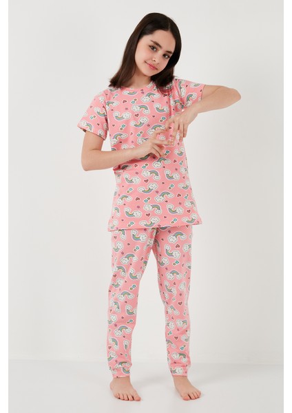 % 100 Pamuk Bisiklet Yaka Kısa Kollu Pijama Takımı Kız Çocuk Pijama Takımı 6651004