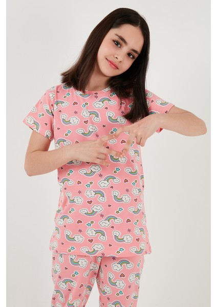 % 100 Pamuk Bisiklet Yaka Kısa Kollu Pijama Takımı Kız Çocuk Pijama Takımı 6651004