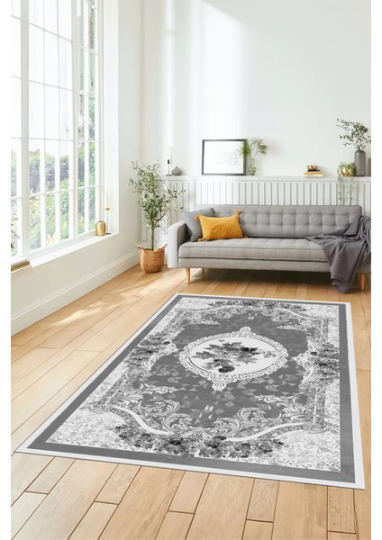 Çiçekli Klasik Desen Dijital Kaymaz Taban Yıkanabilir Yolluk Mutfak Salon Halısı, Klasik-16-Gri,