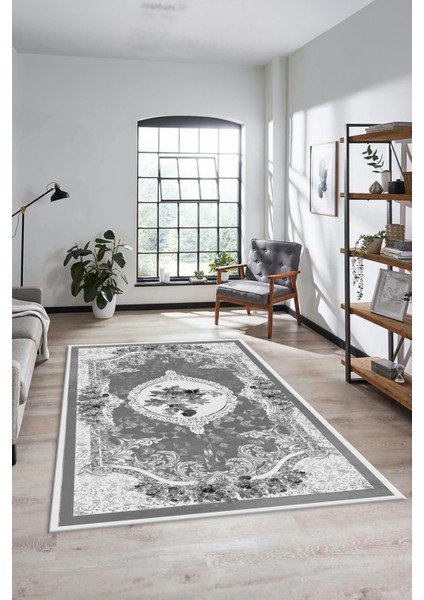 Çiçekli Klasik Desen Dijital Kaymaz Taban Yıkanabilir Yolluk Mutfak Salon Halısı, Klasik-16-Gri, modelleri