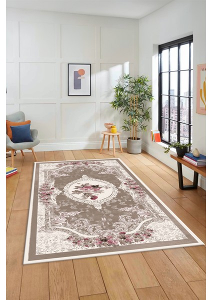 Çiçekli Klasik Desen Dijital Kaymaz Taban Yıkanabilir Yolluk Mutfak Salon Halısı, Klasik-16-Kahve, indirimleri