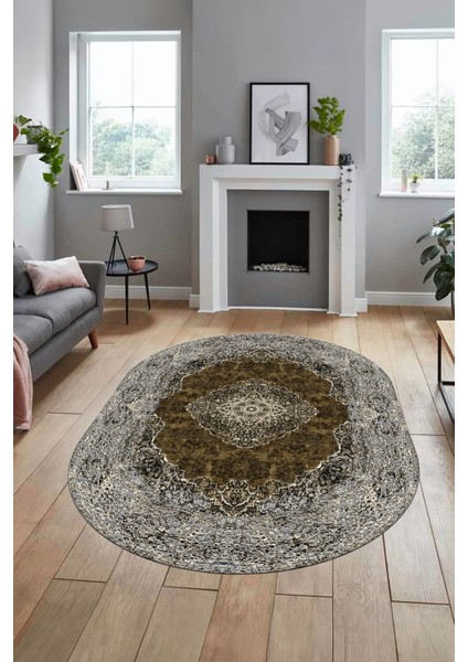 Baskılı Kaymaz Yıkanabilir Göbekli Klasik Desen Oval Yolluk Salon Halısı, O-Klasik-07-Kahve, fiyatları