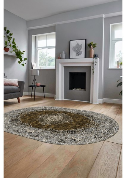 Baskılı Kaymaz Yıkanabilir Göbekli Klasik Desen Oval Yolluk Salon Halısı, O-Klasik-07-Kahve, modelleri