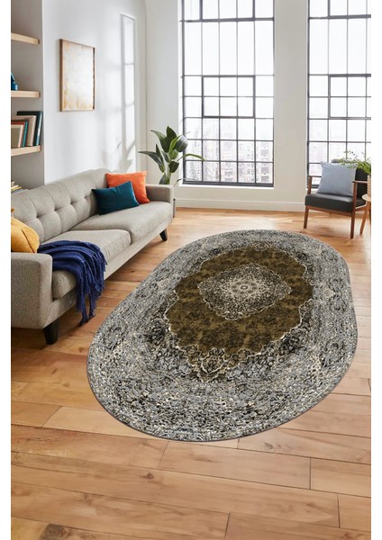 Baskılı Kaymaz Yıkanabilir Göbekli Klasik Desen Oval Yolluk Salon Halısı, O-Klasik-07-Kahve, fırsatları