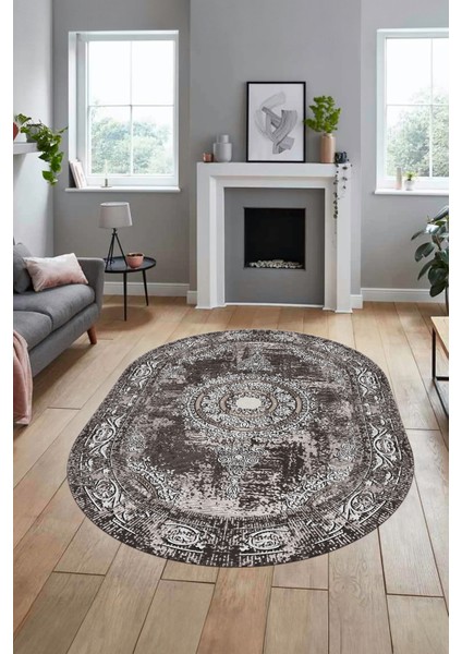 Göbekli Klasik Desen Dijital Kaymaz Yıkanabilir Oval Yolluk Salon Halısı, O-Klasik-25-Vizon, indirimleri