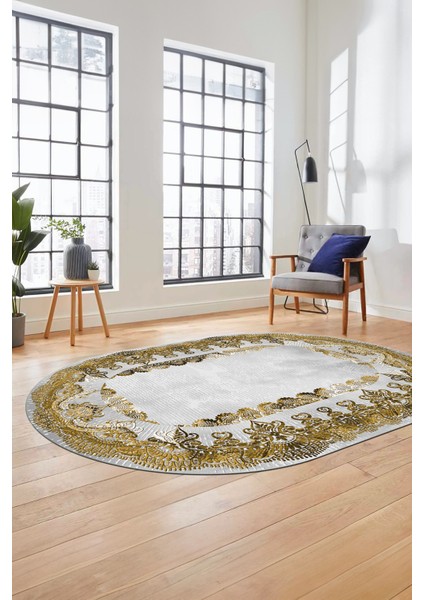 Baskılı Kaymaz Yıkanabilir Renkli Klasik Desen Oval Yolluk Salon Halısı, O-Klasik-08-Kahve,