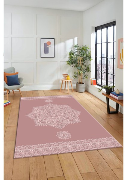 Şık Göbekli Klasik Motifli Dijital Kaymaz Yıkanabilir Yolluk Mutfak Salon Halısı, Klasik-30-Pembe,