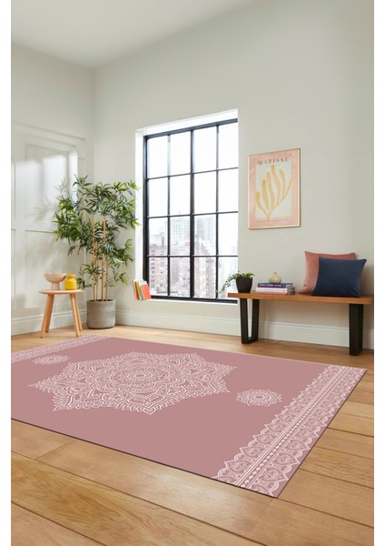 Şık Göbekli Klasik Motifli Dijital Kaymaz Yıkanabilir Yolluk Mutfak Salon Halısı, Klasik-30-Pembe,
