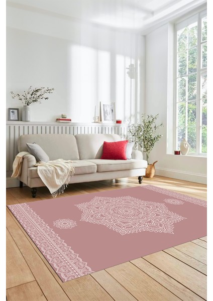 Şık Göbekli Klasik Motifli Dijital Kaymaz Yıkanabilir Yolluk Mutfak Salon Halısı, Klasik-30-Pembe,