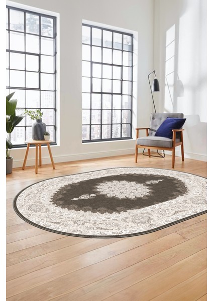 Baskılı Kaymaz Yıkanabilir Göbekli Klasik Desen Oval Mutfak Salon Halısı, O-Klasik-03-Kahve, fiyatları