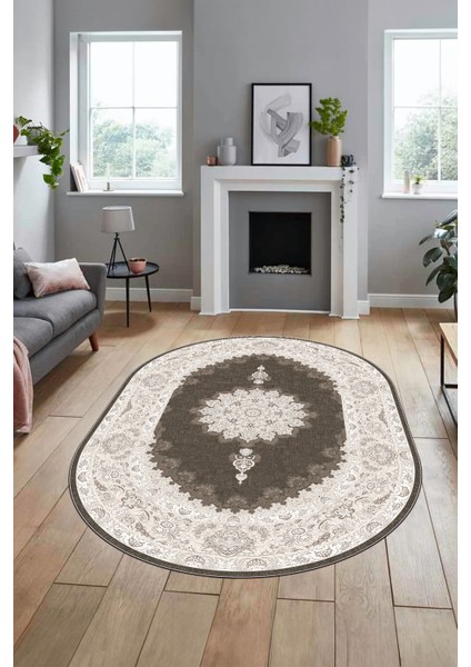 Baskılı Kaymaz Yıkanabilir Göbekli Klasik Desen Oval Mutfak Salon Halısı, O-Klasik-03-Kahve, modelleri