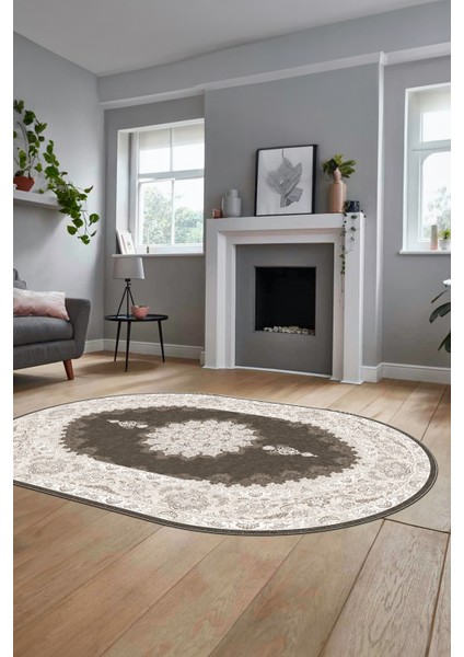 Baskılı Kaymaz Yıkanabilir Göbekli Klasik Desen Oval Mutfak Salon Halısı, O-Klasik-03-Kahve, fırsatları