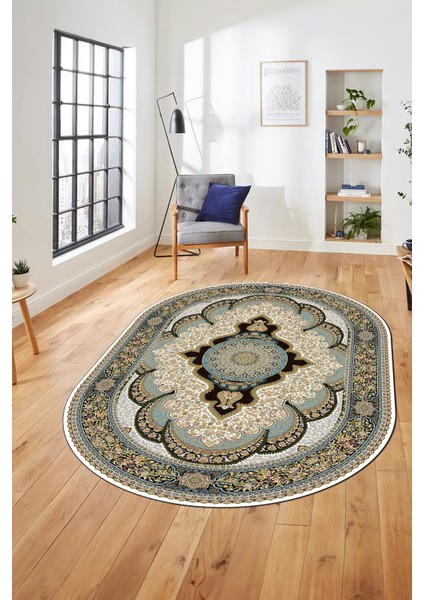 Baskılı Kaymaz Yıkanabilir Çerçeveli Göbekli Klasik Desen Salon Halısı, O-Klasik-02-Yeşil,