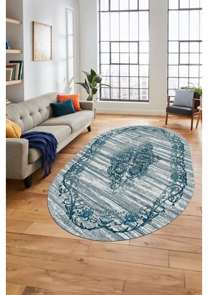 Klasik Desen Dijital Kaymaz Taban Yıkanabilir Oval Yolluk Mutfak Salon Halısı, O-Klasik-11-Mavi, modelleri