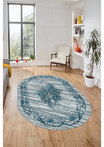 Klasik Desen Dijital Kaymaz Taban Yıkanabilir Oval Yolluk Mutfak Salon Halısı, O-Klasik-11-Mavi, indirimleri