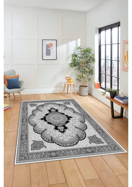 Dijital Kaymaz Yıkanabilir Çerçeveli Göbekli Klasik Desen Salon Halısı, Klasik-02-Gri,