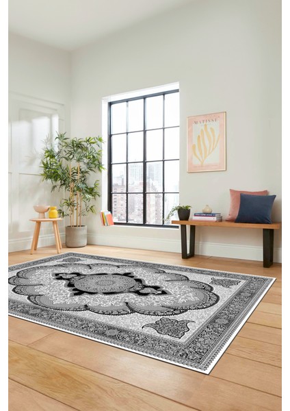 Dijital Kaymaz Yıkanabilir Çerçeveli Göbekli Klasik Desen Salon Halısı, Klasik-02-Gri, fiyatları