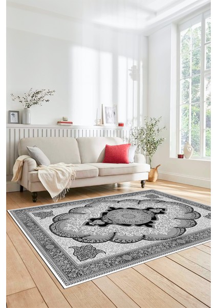 Dijital Kaymaz Yıkanabilir Çerçeveli Göbekli Klasik Desen Salon Halısı, Klasik-02-Gri, fırsatları